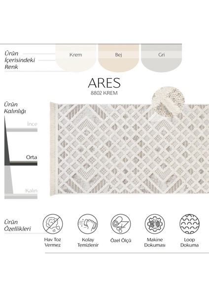 Ares 8802 Krem Halı Iskandinav Halı Salon Halısı Koridor Halısı Kesme Halı Yolluk Oturma Odası Halı