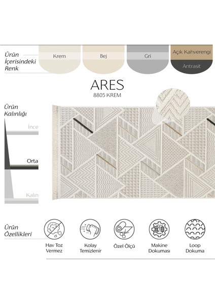 Ares 8805 Bohem Halı Salon Halısı Krem Halı Koridor Halısı Kesme Halı Yolluk Oturma Odası Halısı