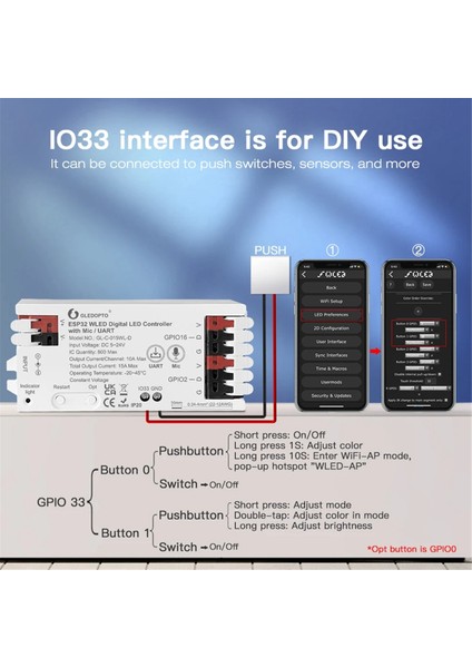 Gledopto ESP32 Wled LED Işık Şeridi Kontrol Cihazı Mikrofon Uart Indir Müzik Ses Dinamik Rgb Dıy Wifi WS2811 WS2812 SK6812 Beyaz (Yurt Dışından)