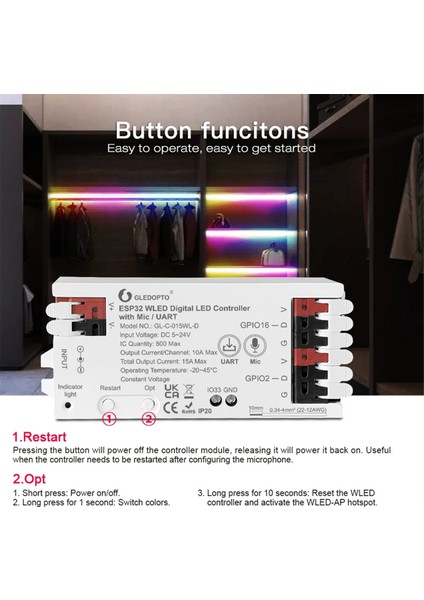 Gledopto ESP32 Wled LED Işık Şeridi Kontrol Cihazı Mikrofon Uart Indir Müzik Ses Dinamik Rgb Dıy Wifi WS2811 WS2812 SK6812 Beyaz (Yurt Dışından)