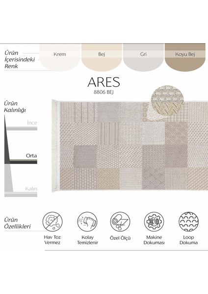 Ares 8806 Bej Halı Salon Halısı Patchwork Halı Koridor Halısı Kesme Halı Yolluk Oturma Odası Halısı