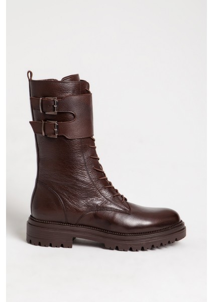 Kadın Postal Kalın Taban Fermuarlı Kemer Tokalı Günlük Bot Deri Br 06146 Kahverengi