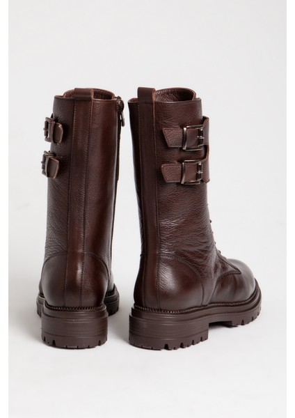 Kadın Postal Kalın Taban Fermuarlı Kemer Tokalı Günlük Bot Deri Br 06146 Kahverengi modelleri