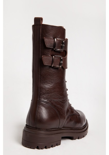 Kadın Postal Kalın Taban Fermuarlı Kemer Tokalı Günlük Bot Deri Br 06146 Kahverengi indirimleri