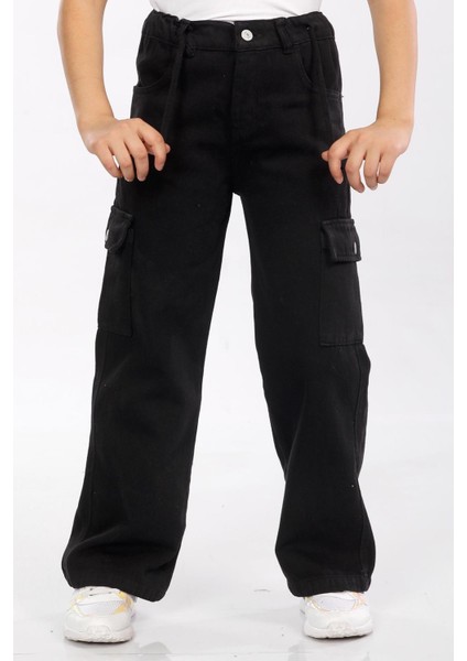 Kargo Yapışma Cepli-Yarım Lastikli-Bağcıklı-% 100 Pamuk-Denim Kız Çocuk Pantolonu
