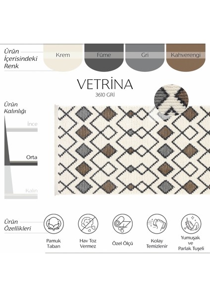 Vetrina 3610 Gri Etnik Desenli Iskandinav Yolluk Antre Halı Yolluk