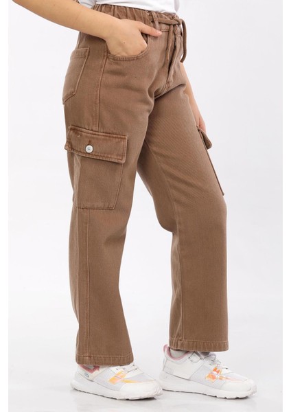 Kargo Yapışma Cepli-Yarım Lastikli-Bağcıklı- Pamuk-Denim Kız Çocuk Pantolonu