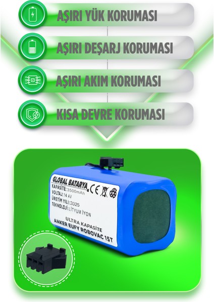 Anker Eufy Robovac 15T Uyumlu Akıllı Robot Süpürge Bataryası 14.4V 3500MAH Li-Ion Pil (Ultra Kapasite)