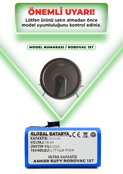 Anker Eufy Robovac 15T Uyumlu Akıllı Robot Süpürge Bataryası 14.4V 3500MAH Li-Ion Pil (Ultra Kapasite)