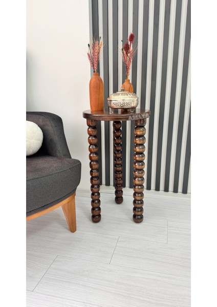 Ahşap Tekli Boncuk Ayaklı Yan Sehpa Modern Koyu Ceviz Renk