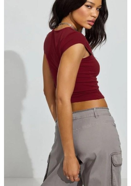 Bordo Kare Yaka Kadın Tişört MG2294 modelleri