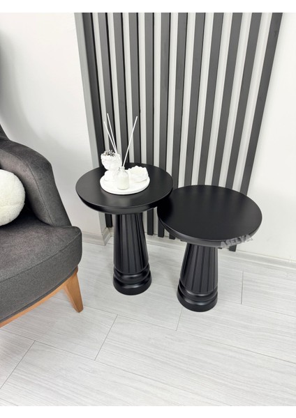 Ahşap 2'li Set Mantar Yan Sehpa Modern Siyah Renk Fiskos Zigon Çiçeklik