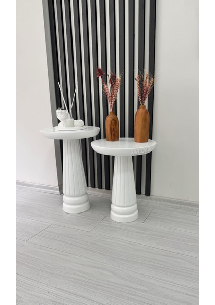 Ahşap 2'li Set Mantar Yan Sehpa Modern Beyaz Renk Fiskos Zigon Çiçeklik modelleri