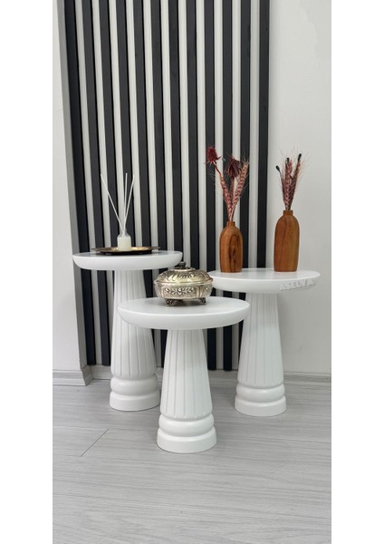 Ahşap 3'lü Set Mantar Yan Sehpa Modern Beyaz Renk Fiskos Zigon Çiçeklik