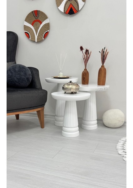 Ahşap 3'lü Set Mantar Yan Sehpa Modern Beyaz Renk Fiskos Zigon Çiçeklik