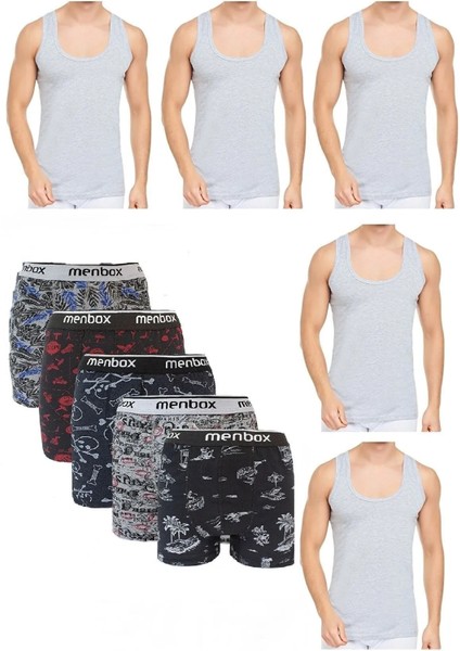 Erkek 5'li Desenli Pamuklu Likralı Boxer Atlet 5 Atlet 5 Boxer