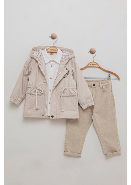 Cepli Gömlek Beli Lastikli Pantolon Kapüşonlu Mont Kombinli 3'lü Erkek Çocuk Takım