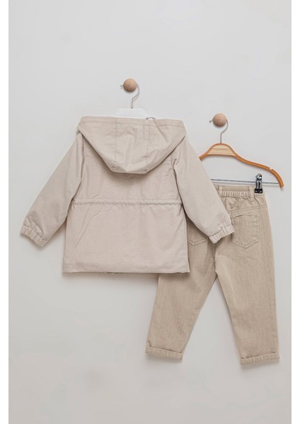 Cepli Gömlek Beli Lastikli Pantolon Kapüşonlu Mont Kombinli 3'lü Erkek Çocuk Takım fiyatları