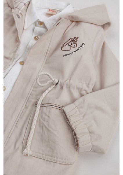 Cepli Gömlek Beli Lastikli Pantolon Kapüşonlu Mont Kombinli 3'lü Erkek Çocuk Takım indirimleri