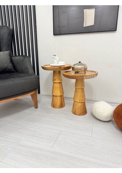 Ahşap 2'li Set Mantar Yan Sehpa Modern Meşe Renk Fiskos Zigon Çiçeklik
