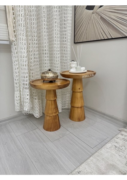 Ahşap 2'li Set Mantar Yan Sehpa Modern Meşe Renk Fiskos Zigon Çiçeklik