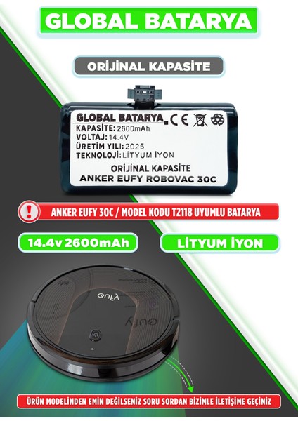 Anker Eufy Robovac 30C Akıllı Robot Süpürge Bataryası 14.4V 2600mAh Pil Li-ion (Orijinal Kapasite)