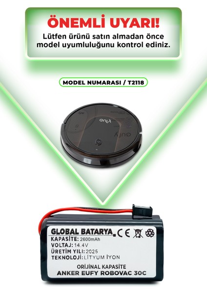 Anker Eufy Robovac 30C Akıllı Robot Süpürge Bataryası 14.4V 2600mAh Pil Li-ion (Orijinal Kapasite)
