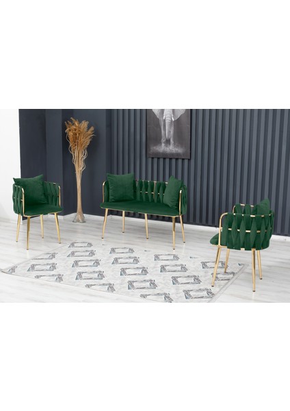 Sarmaşık Çay Seti Takımı Koltuk Takımı Oturma Odası Kafe Antre Hol Ofis 2+1+1 Gold Metal