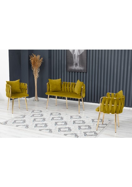 Sarmaşık Çay Seti Takımı Koltuk Takımı Oturma Odası Kafe Antre Hol Ofis 2+1+1 Gold Metal