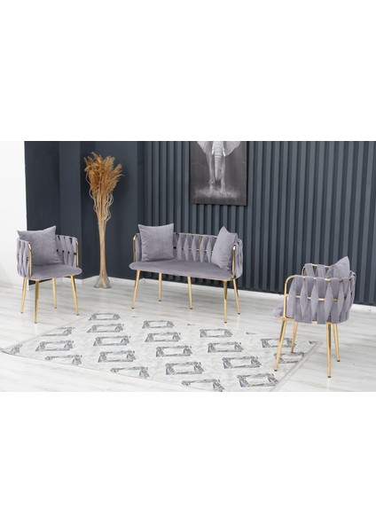 Sarmaşık Çay Seti Takımı Koltuk Takımı Oturma Odası Kafe Antre Hol Ofis 2+1+1 Gold Metal