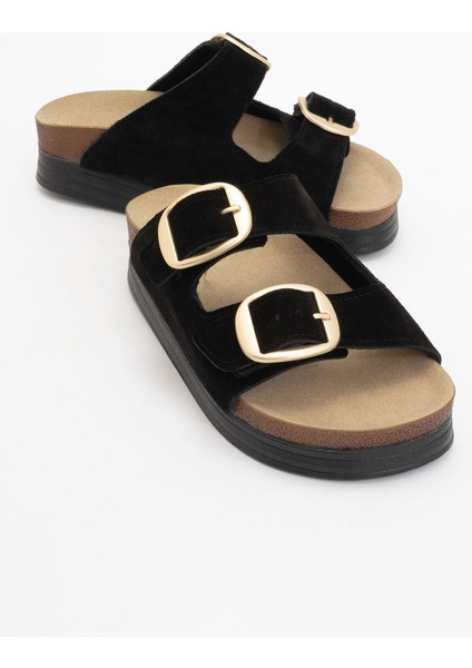 Harbor Siyah Süet Çift Bantlı Hakiki Deri Kadın Kalın Tabanlı Terlik