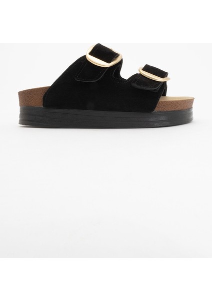 Harbor Siyah Süet Çift Bantlı Hakiki Deri Kadın Kalın Tabanlı Terlik indirimleri