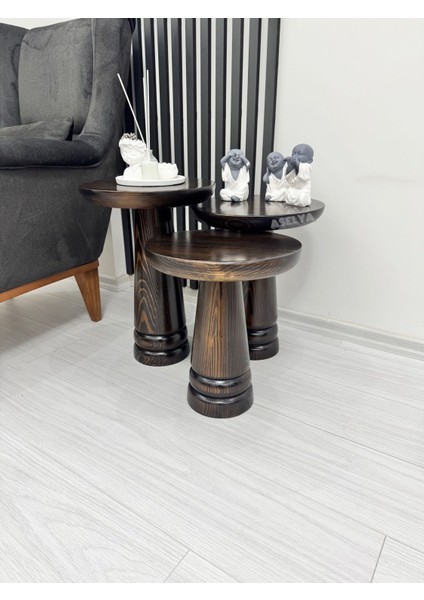 Ahşap 3'lü Set Mantar Yan Sehpa Modern Koyu Ceviz Renk Fiskos Zigon Çiçeklik