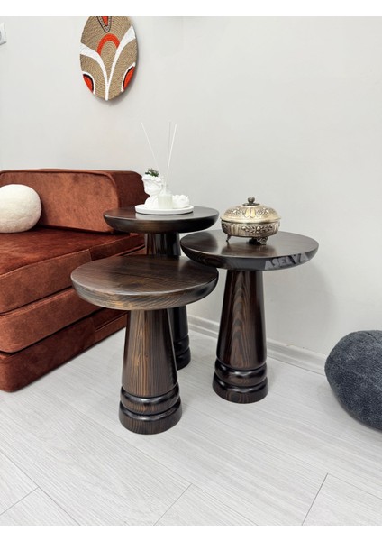 Ahşap 3'lü Set Mantar Yan Sehpa Modern Koyu Ceviz Renk Fiskos Zigon Çiçeklik