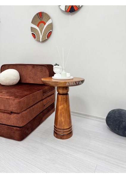 Ahşap Tekli Mantar Yan Sehpa Modern 50 cm Açık Ceviz Fiskos Çiçeklik