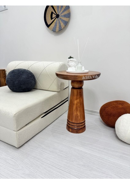 Ahşap Tekli Mantar Yan Sehpa Modern 50 cm Açık Ceviz Fiskos Çiçeklik