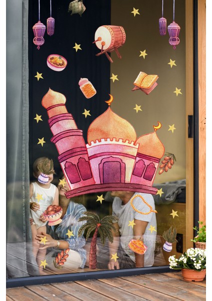 Çift Taraflı Baskılı Cam Için Pembe Tonlarında Cami Ramazan Ayı Temalı Cam Duvar Süsleri Hoşgeldin Ramazan Sticker Seti