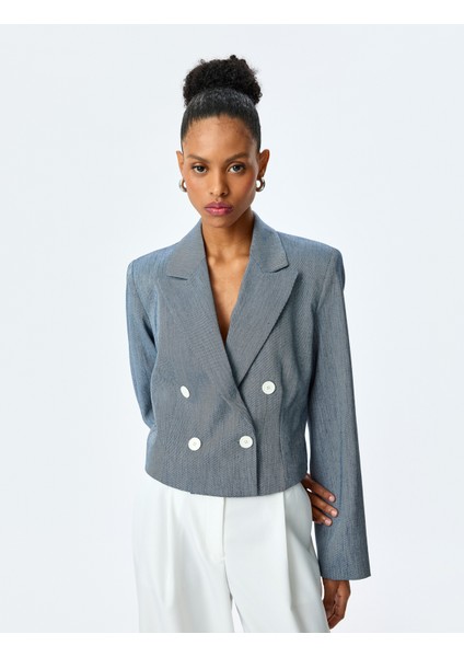 Uzun Kollu Düğmeli Kruvaze Yaka Crop Blazer Ceket