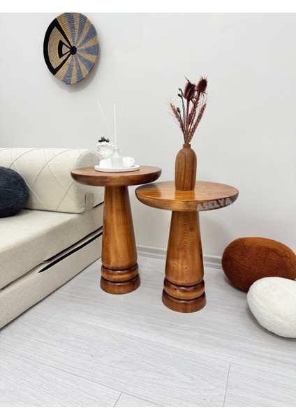 Ahşap 2'li Set Mantar Yan Sehpa Modern Açık Ceviz Fiskos Zigon Çiçeklik