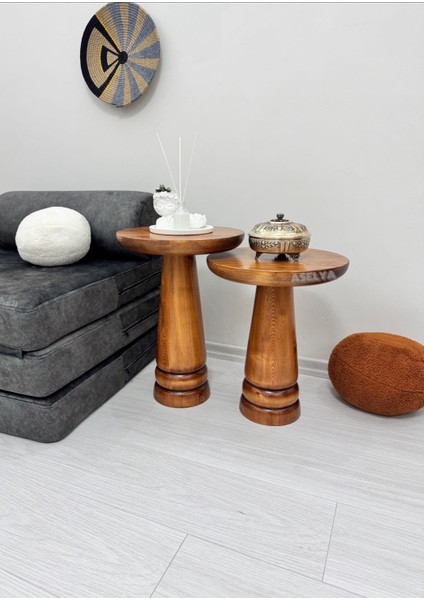 Ahşap 2'li Set Mantar Yan Sehpa Modern Açık Ceviz Fiskos Zigon Çiçeklik