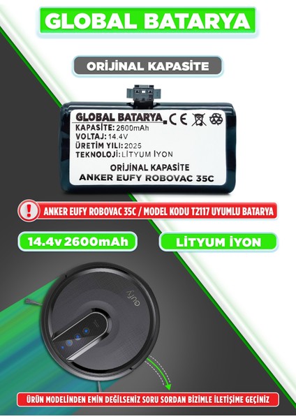 Anker Eufy Robovac 35C Uyumlu Akıllı Robot Süpürge Bataryası 14.4V 2600MAH Pil (Orijinal Kapasite)