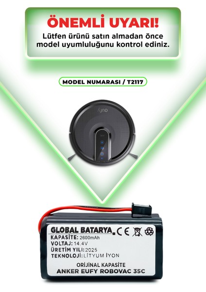 Anker Eufy Robovac 35C Uyumlu Akıllı Robot Süpürge Bataryası 14.4V 2600MAH Pil (Orijinal Kapasite)