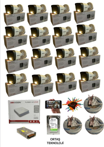 16 Kameralı Gece Renkli 16 Kanal Seti 4 Tb HDD