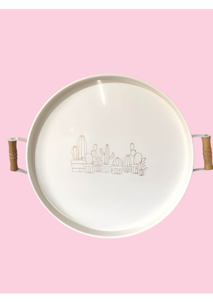 Tepsi Ahşap Kulplu Kaktüs Desenli Metal Çay Kahve Tepsisi 37 cm Orta Boy Tepsi