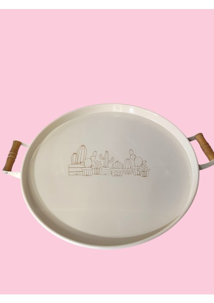 Tepsi Ahşap Kulplu Kaktüs Desenli Metal Çay Kahve Tepsisi 37 cm Orta Boy Tepsi modelleri