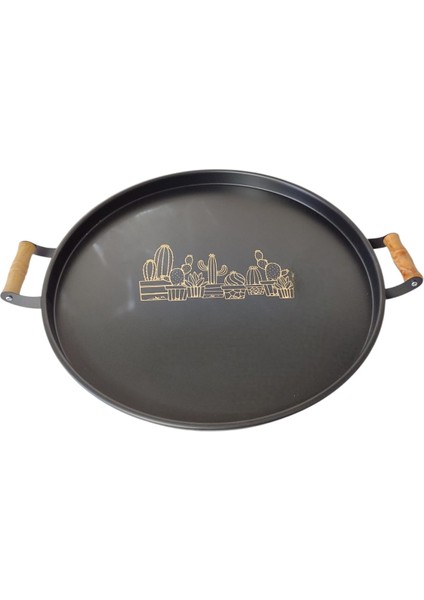 Tepsi Ahşap Kulplu Kaktüs Desenli Metal Çay Kahve Tepsisi 37 cm Orta Boy Tepsi