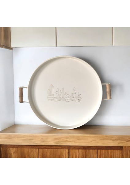 Tepsi Ahşap Kulplu Kaktüs Desenli Metal Çay Kahve Tepsisi 37 cm Orta Boy Tepsi