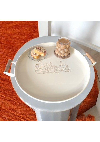 Tepsi Ahşap Kulplu Kaktüs Desenli Metal Çay Kahve Tepsisi 37 cm Orta Boy Tepsi fiyatları