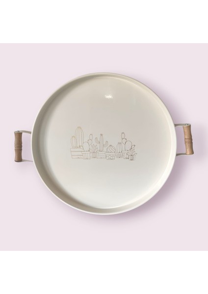 Tepsi Ahşap Kulplu Kaktüs Desenli Metal Çay Kahve Tepsisi 37 cm Orta Boy Tepsi modelleri