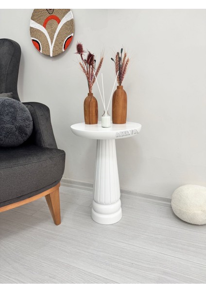 Ahşap Tekli Mantar Yan Sehpa Modern 50 cm Beyaz Renk Fiskos Çiçeklik
